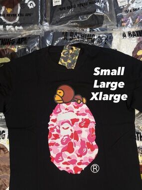 Bape Black Tee with Plaid Ape Head Graphic